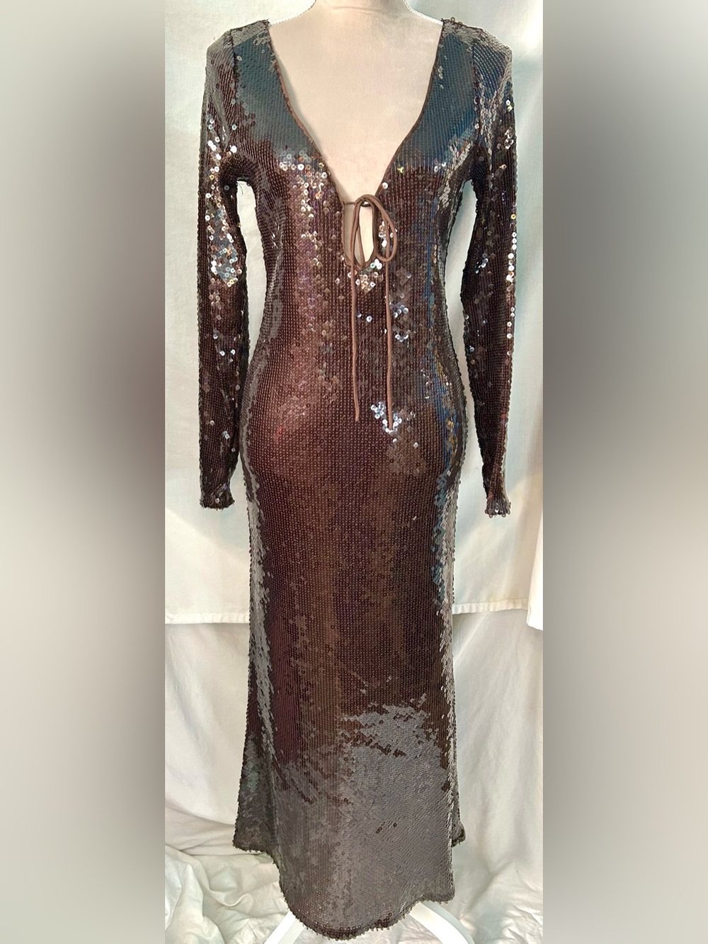 Bardot Verona Chocolate Brown Sequin Backless Maxi Dress, Size 10